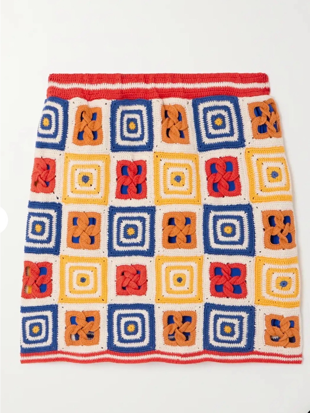 Colorblock Crochet Mini Skirt in Red, Blue, Yellow, Orange, Cream